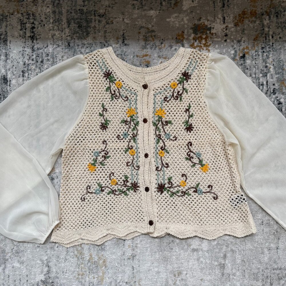 Floral Embroidered Crochet Knitted Lantern Sleeve Cardigan